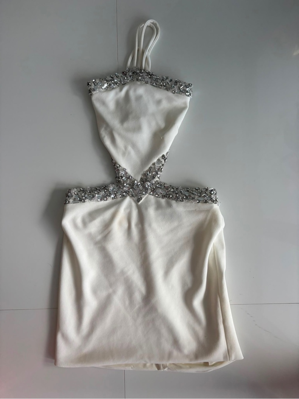 PatBO Crystal-Embellished Cutout Halter Mini Dress — White, Size 6